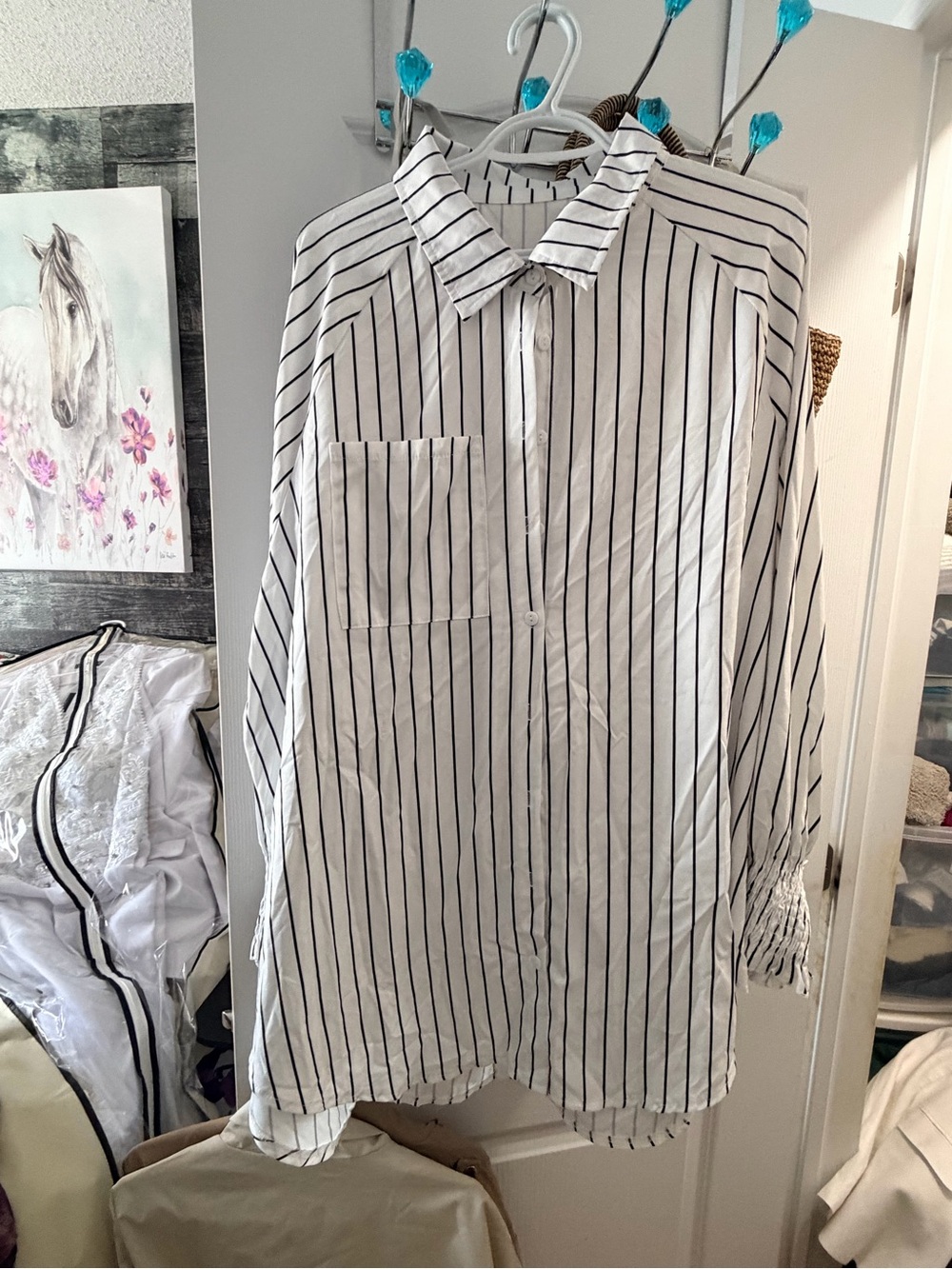 Women’s White Shirt with Black Pinstripes - Classic Button-Up